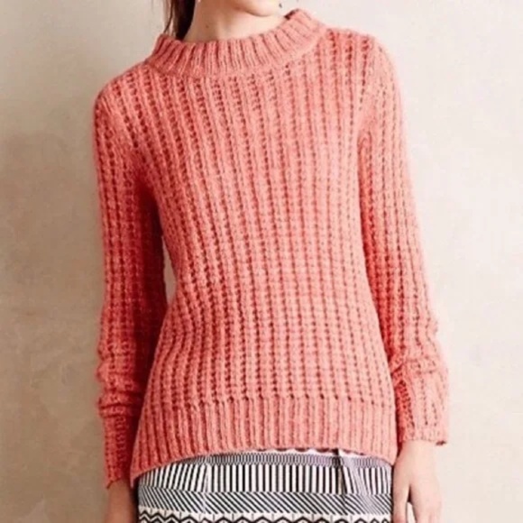 Anthropologie Field Flower Waffle Knit Wool-blend Sweater in Coral Size Medium - Picture 1 of 10